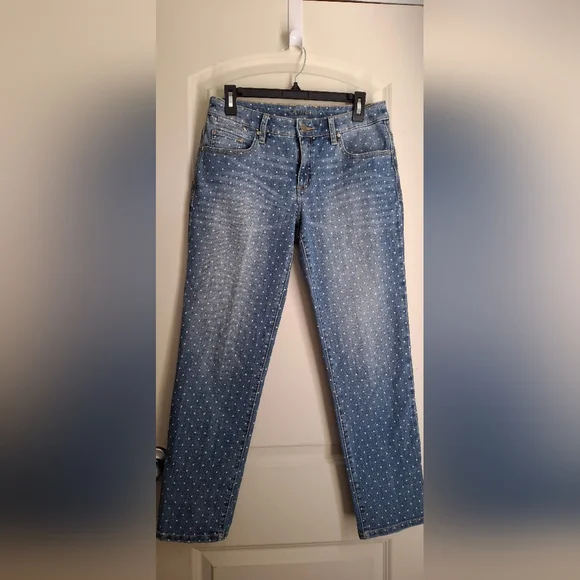 Chicos Platinum Denim Dot Boyfriend Jeans Womens Sz 00 Bohemian Casual Office - Picture 3 of 10
